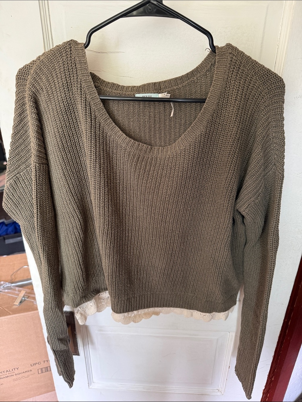 Kimchi Blue Olive Scoop Neck Sweater with Lace Hem
